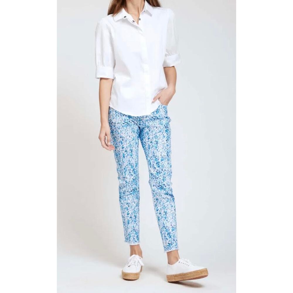 Tyler Boe Frayed Tile Print Jeans Blue White NWT Size 4 Coastal Resort Preppy